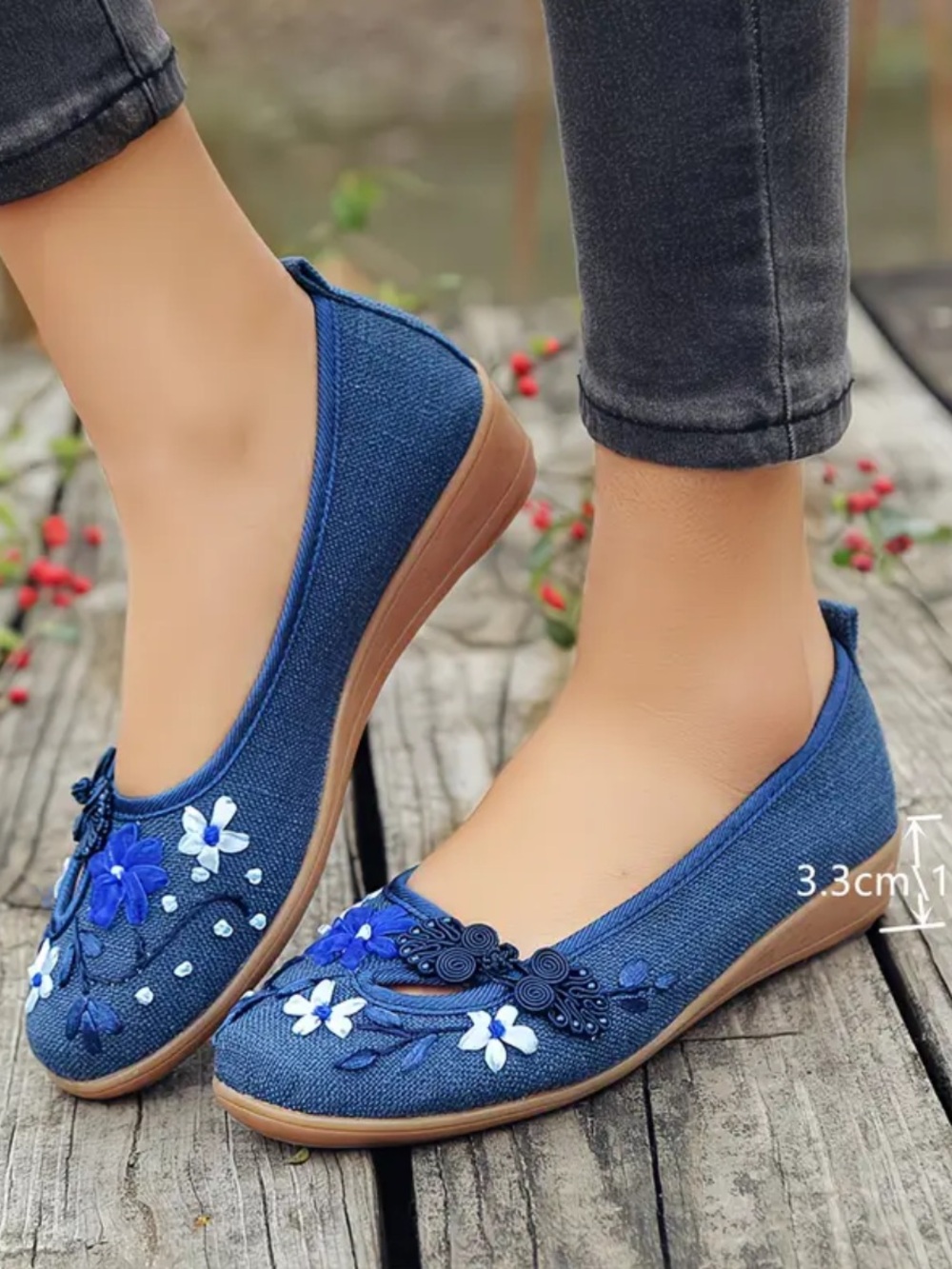 Floral Embroidered Mini Wedge Slip On Shoes